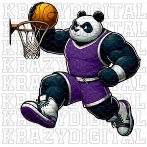 Lila panda basket PNG, djurparksbasketdesign, panda dunkningssporter, lila skolanda, digital pojkebasket