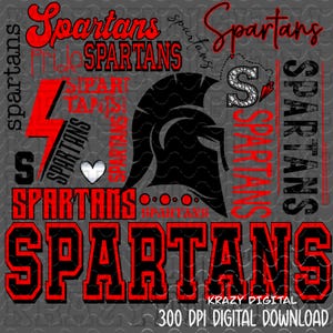 Puede incluir: Un diseño digital con la palabra "Spartans" en rojo y negro, y un gráfico de casco espartano. El diseño incluye un rayo y un corazón, sobre un fondo gris. También está presente el texto "KRAZY DIGITAL 300 DPI DIGITAL DOWNLOAD".