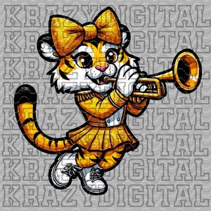 Könnte beinhalten: Ein Cartoon-Tiger in einer goldenen und gelben Marschband-Uniform mit einer goldenen Schleife spielt Trompete. Der Tiger hat eine goldene Glitzer-Oberfläche.