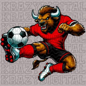 Puede incluir: Una ilustración de dibujos animados de un toro marrón y blanco que lleva una camiseta de fútbol roja y negra, pateando un balón de fútbol con su pie derecho. El toro tiene una expresión feroz y está en el aire.