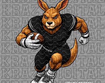 Fútbol canguro PNG, diseño deportivo para niño negro, diseño de camiseta de playoffs, mascota deportiva australiana, arte juvenil canguro, espíritu canguro