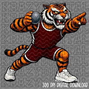 May include: A digital illustration of a tiger in a maroon and white athletic uniform, poised to throw a shot put. The tiger is orange and black with white sneakers and is pointing with its right hand. The image includes the text "300 DPI DIGITAL DOWNLOAD".