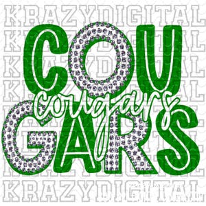 Green Cougar Diamond Cut Mascot PNG, Cougar Girly Mascot, Cougar Faux Rhinestone Mascot, Bling Cougar digital, Green Cougar Glitter PNG