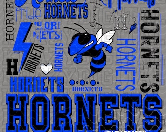 Hornets Mascot Typography PNG, Blue Hornets School Digital File, Hornets Girl, Mom Spirit PNG, Playoff Shirt Design Collage Word Cloud