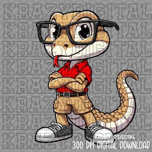 May include: A cartoon illustration of a snake wearing black glasses, a red shirt, khaki shorts, and sneakers. The snake has its arms crossed and a confident expression. The image includes the text "KRAZY DIGITAL 300 DPI DIGITAL DOWNLOAD."