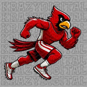 May include: A red cardinal mascot wearing a red and white uniform is running. The mascot has a fierce expression and is wearing a red and white uniform with white stripes. The mascot is running on a gray background with the text "KRAZY DIGITAL" repeated.