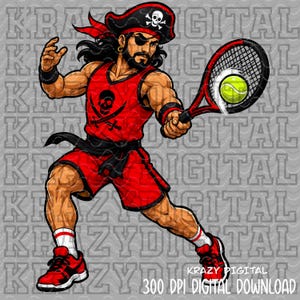 May include: A cartoon illustration of a pirate with a black eye patch and beard, wearing a red tank top with a skull and crossbones emblem, red shorts, and red sneakers. The pirate holds a black tennis racket with a bright yellow tennis ball.