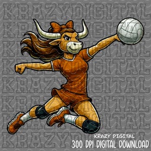 Lady Longhorn Volleyball Mascot PNG, Burnt Orange Longhorn Digital File, School Spirit design, Beach Sand Volleyball Shirt Artwork