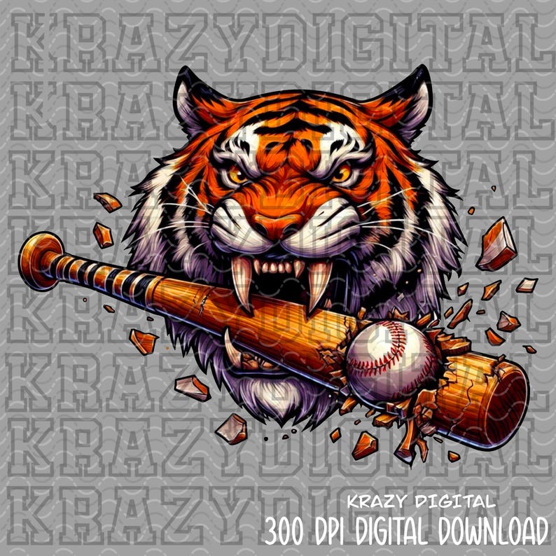 May include: A fierce orange and black tiger with sharp teeth is biting into a broken wooden baseball bat. A white baseball with red stitching is visible in the broken bat. The background is a gray, textured surface.