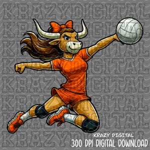 Lady Longhorn Volleyball Mascot PNG, Orange Longhorn Digital File, School Spirit design, Beach Sand Volleyball Art, Cute Longhorn digital