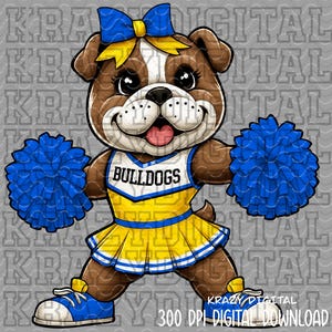 Puede incluir: Un dibujo animado de una animadora bulldog con uniforme amarillo y azul con la palabra "BULLDOGS" en la parte delantera. El bulldog sostiene pompones azules y lleva zapatos azules. Un lazo azul con centro amarillo adorna la cabeza del bulldog. Se incluye el texto "300 DPI DIGITAL DOWNLOAD".