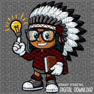 May include: Cartoon illustration of a Native American figure wearing glasses and a headdress, holding a glowing lightbulb. The figure is smiling and holding a book. The image includes the text "KRAZY DIGITAL 300-DPI DIGITAL DOWNLOAD."