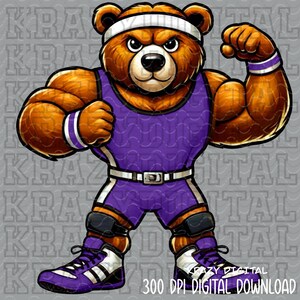Purple Bears Wrestler Mascot PNG, Bears Mascot Digital Design, Purple Boy Artwork, Wrestling Digital Download, Running Bears School Design