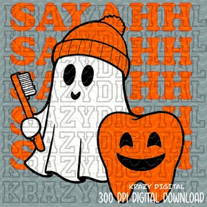Pode incluir: Gráfico digital com um fantasma de desenho animado usando um gorro laranja e segurando uma escova de dentes. Ao lado do fantasma está um dente laranja sorrindo. As palavras "SAY AHHH" estão em letras laranja. O fundo é cinza com texto branco.
