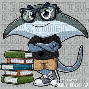 May include: A cartoon stingray wearing glasses, a black shirt, and khaki shorts, with arms crossed. It stands next to a stack of books. The image has the text "KRAZY DIGITAL" and "300 DPI DIGITAL DOWNLOAD".