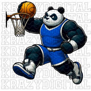 May include: A cartoon panda wearing a blue basketball jersey with white trim, black shorts, and white sneakers, is jumping up to dunk a basketball into a hoop. The panda has black fur with white markings around its eyes and ears.