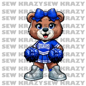 May include: A brown teddy bear wearing a blue and white cheerleader outfit with pom-poms. The outfit says "Bears" on the front. The bear is wearing a blue bow and has sparkly silver shoes.