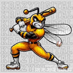 May include: A cartoon bee wearing a baseball uniform and holding a bat. The bee is yellow and black with a white baseball cap. The bee is in a batting stance and has a determined look on its face. The bee is ready to hit a home run.