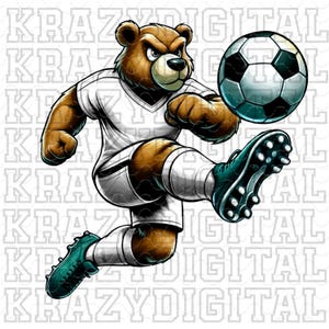 May include: A cartoon bear wearing a white soccer jersey with brown fur and a black nose kicks a soccer ball with its right leg. The bear is wearing black and teal cleats. The soccer ball is white with black pentagons.