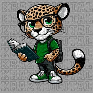 Jaguar School Boy PNG, Back To School Jaguar Artwork, Cool Green Jaguar Digital File, Jaguar School Mascot Artwork, Scholarly Jaguar Design