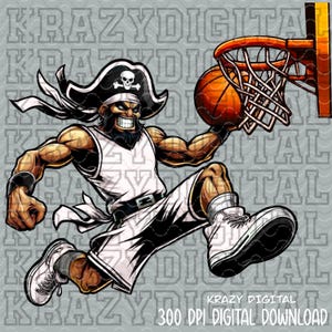 Puede incluir: Ilustración digital de un pirata musculoso encestando una pelota de baloncesto. El pirata lleva una camiseta sin mangas blanca, pantalones cortos y zapatillas. Tiene barba negra, sombrero de pirata con calavera y una sonrisa amenazante. La red de baloncesto es naranja.
