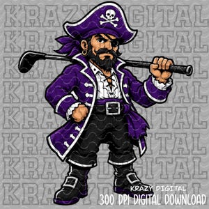 May include: A cartoon illustration of a pirate character wearing a purple coat, a matching pirate hat with a skull and crossbones emblem, and an eye patch. The character holds a black golf club across their shoulders against a grey background.