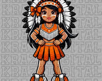 Indians Orange Girly Dance Mascot PNG, Indian Maiden Cheer PNG, Indians Orange School Mascot, Indians Bling Mascot DTF, Mom Spirit Shirt Art