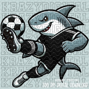 Puede incluir: Un tiburón de dibujos animados con un uniforme de fútbol en blanco y negro pateando un balón de fútbol. El tiburón tiene una expresión decidida y lleva botas de fútbol. La imagen contiene el texto "KRAZY DIGITAL" y "300 DPI DIGITAL DOWNLOAD".