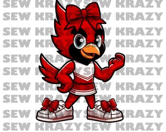 Red and white Cardinal Cheer Mascot PNG, Red Cardinal School Mascot, Red Bird Cheer File, Cardinal Red Cheer Mascot PNG, Red Faux Glitter