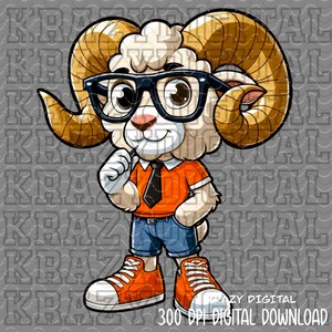 May include: A cartoon illustration of a ram wearing black glasses, an orange shirt, blue shorts, and orange sneakers. The ram is holding a pen and has large, curved horns. The image includes the text "KRAZY DIGITAL" and "300 DPI DIGITAL DOWNLOAD".