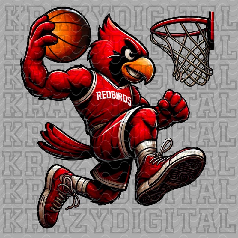 Maskotka koszykówki Red Cardinal PNG, maskotka szkoły Red Cardinal, plik sportowy Red Bird, cyfrowy Cardinal Spirit, projekt koszulki rodzinnej Cardinal zdjęcie 2
