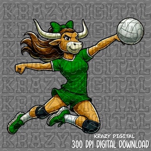 Lady Longhorn Volleyball Mascot PNG, Green Longhorn Digital File, School Spirit design, Beach Sand Volleyball Art, Cute Longhorn digital