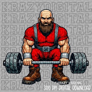 Op de afbeelding: Digitale illustratie van een gespierde man in rode trainingskleding, die een halter met grote gewichten optilt. De man heeft een kale kop en een lange baard. De afbeelding bevat de tekst "KRAZY DIGITAL" en "300 DPI DIGITAL DOWNLOAD".