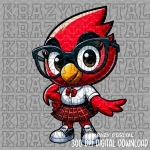 May include: A cartoon cardinal bird wearing glasses, a white shirt, a red bow tie, and a plaid skirt. The bird is standing with its arms out and wearing sneakers. The text "KRAZY DIGITAL" and "300 DPI DIGITAL DOWNLOAD" are visible.
