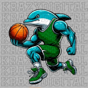 May include: A blue dolphin wearing a green basketball jersey and shorts, dribbling an orange basketball. The dolphin has a determined expression on its face.
