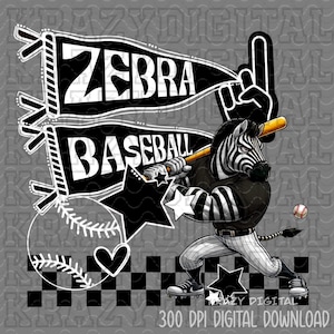 Puede incluir: Ilustración en blanco y negro de una cebra con uniforme de béisbol y sosteniendo un bate. La cebra está de pie sobre un fondo a cuadros con las palabras "Zebra Baseball" en una pancarta arriba.