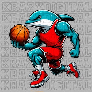 May include: A blue dolphin wearing a red basketball jersey and shorts, dribbling an orange basketball. The dolphin is wearing red and white trainers.