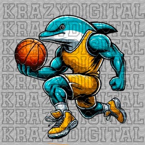 May include: A blue and yellow cartoon dolphin wearing a basketball jersey and holding a basketball. The dolphin is dribbling the ball and has a determined expression on its face.