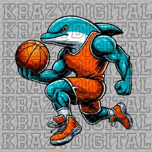 May include: A blue and orange cartoon dolphin wearing a basketball jersey and holding a basketball. The dolphin is dribbling the ball and has a determined expression on its face.