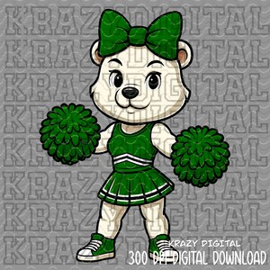 Könnte beinhalten: Cartoon-Illustration eines Bären als Cheerleader mit grünen Pompons. Der Bär trägt eine grüne Schleife und Uniform. Der Text "KRAZY DIGITAL" und "300 DPI DIGITAL DOWNLOAD" ist enthalten.