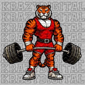 May include: A cartoon tiger wearing a red wrestling singlet and lifting a barbell. The tiger has a determined expression on its face.