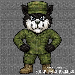 May include: Cartoon illustration of a black and white bear wearing a green camouflage military uniform and cap. The bear is standing with its hands on its hips. The image includes the text "KRAZY DIGITAL" and "300 DPI DIGITAL DOWNLOAD".