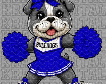 Grey Bulldog Mascot Blue Cheerleader PNG, Dance Mascot Youth Art, Puppy Pack Cheer, Bow PomPom Elementary Girl Dog, Classroom Decoration