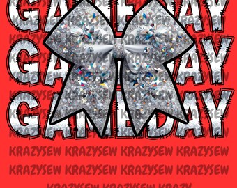 Gameday Rhinestone Bow PNG, Gameday Digital File, Gameday Faux Rhinestone PNG, Gameday Silver File, Game Day Bow Artwork