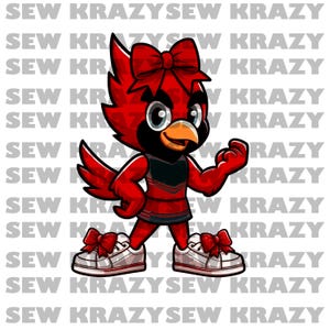 May include: A cartoon illustration of a red cardinal wearing a red and black cheerleader outfit with a red bow in its hair. The cardinal is standing with its right arm raised in a fist.