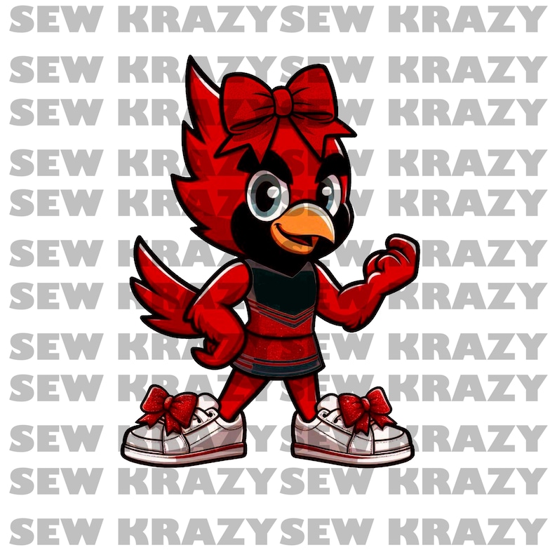 May include: A cartoon illustration of a red cardinal wearing a red and black cheerleader outfit with a red bow in its hair. The cardinal is standing with its right arm raised in a fist.