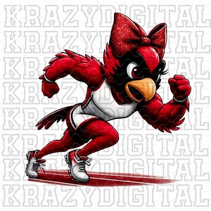 May include: A red cartoon bird wearing a white athletic uniform and a sparkly red bow is running on a red track. The bird has a determined expression on its face.