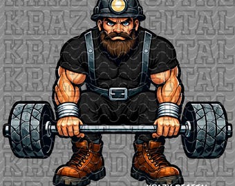 Minero levantando pesas PNG, diseño de excavadora de carbón negra, espíritu atlético escolar de perforador, ilustración de un niño deportista fuerte