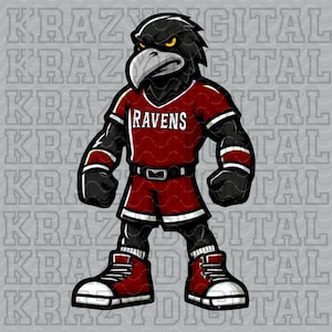 May include: A cartoon raven mascot wearing a red and white basketball uniform with the word "RAVENS" on the front. The raven has a black body, yellow eyes, and a black beak.