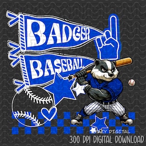 Pode incluir: Um gráfico de beisebol azul e branco com um texugo de desenho animado vestindo um uniforme de beisebol azul e segurando um taco. O gráfico inclui o texto "Badger Baseball" e uma estrela azul.